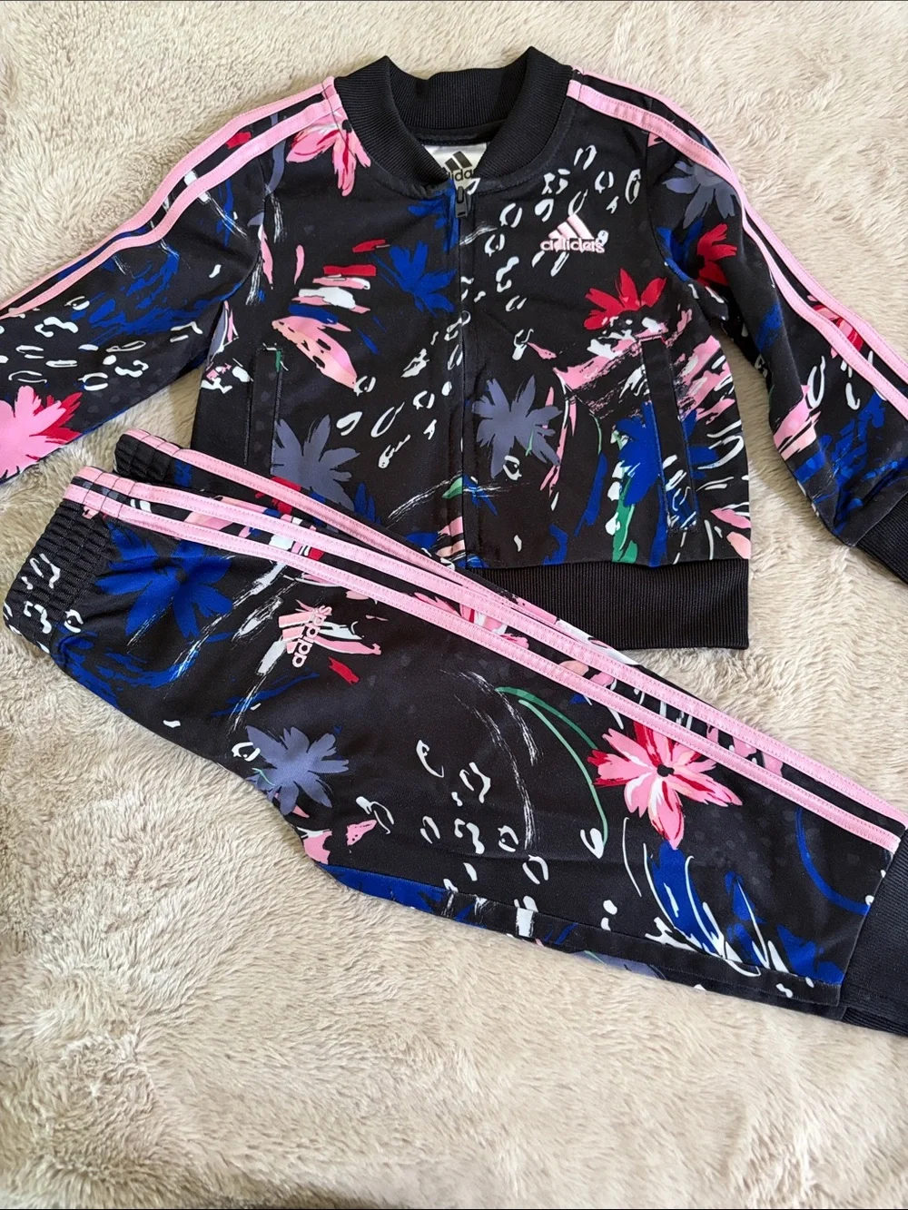 adidas Kids Black Floral Sweat Jacket & Joggers with Pink Stripes